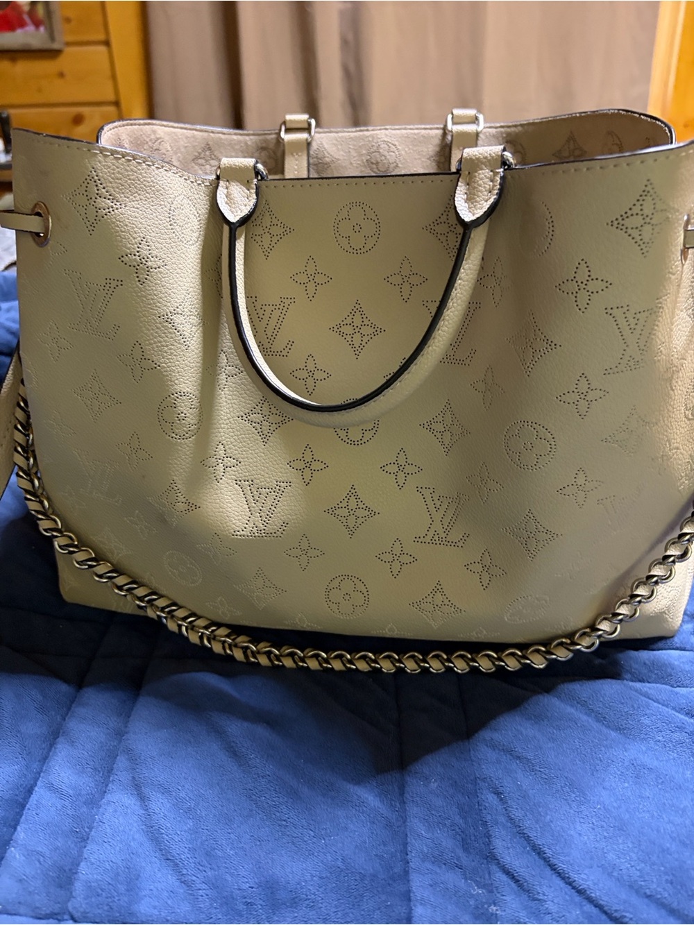 Inspired Loius Vuitton Beige Perforated Monogram Tote with Chain